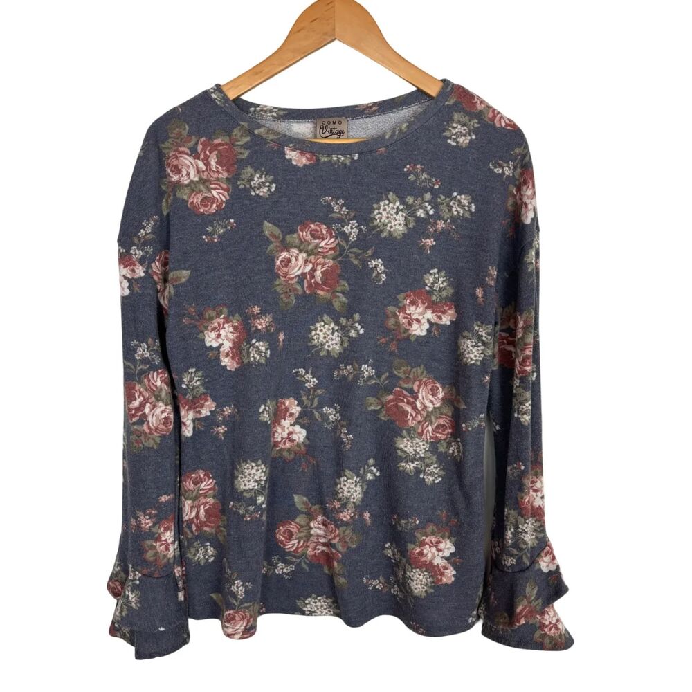 Como Vintage Blue Floral Terry Lined Knit Sweater Top Women Medium Ruffle Sleeve